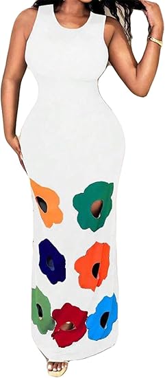 女子无袖O领切断孔花印花身体派对俱乐部穿连衣裙