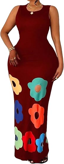 Women's Sleeveless O Neck Cut Off Holes Flowers Printed Bodycon Parrty Clubwear Dress