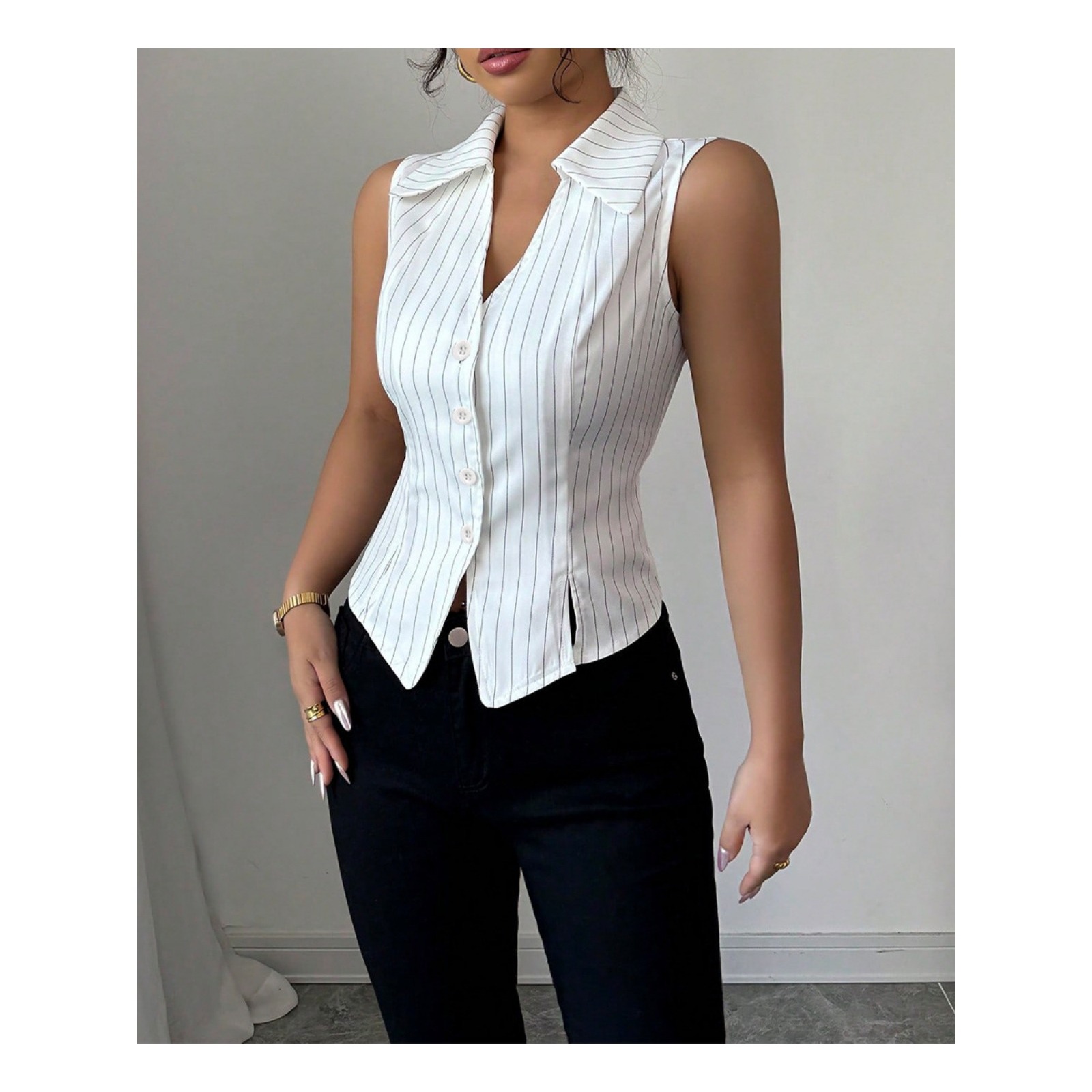 Women's Summer Sleeveless Striped Button-Down Shirt - Slim Fit Open-Front Casual Blouse for Office & Vacation