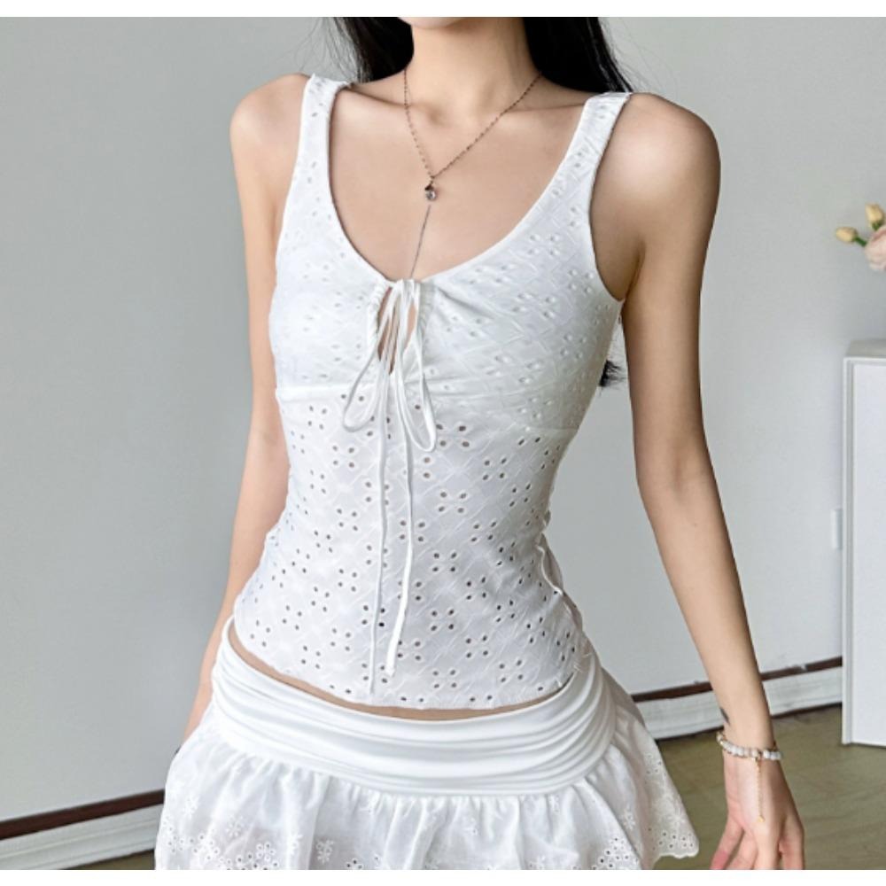  Trendy Womens Embroidered Eyelet V Neck Tie Front Cute Vacation Going Out Tank Crop Top