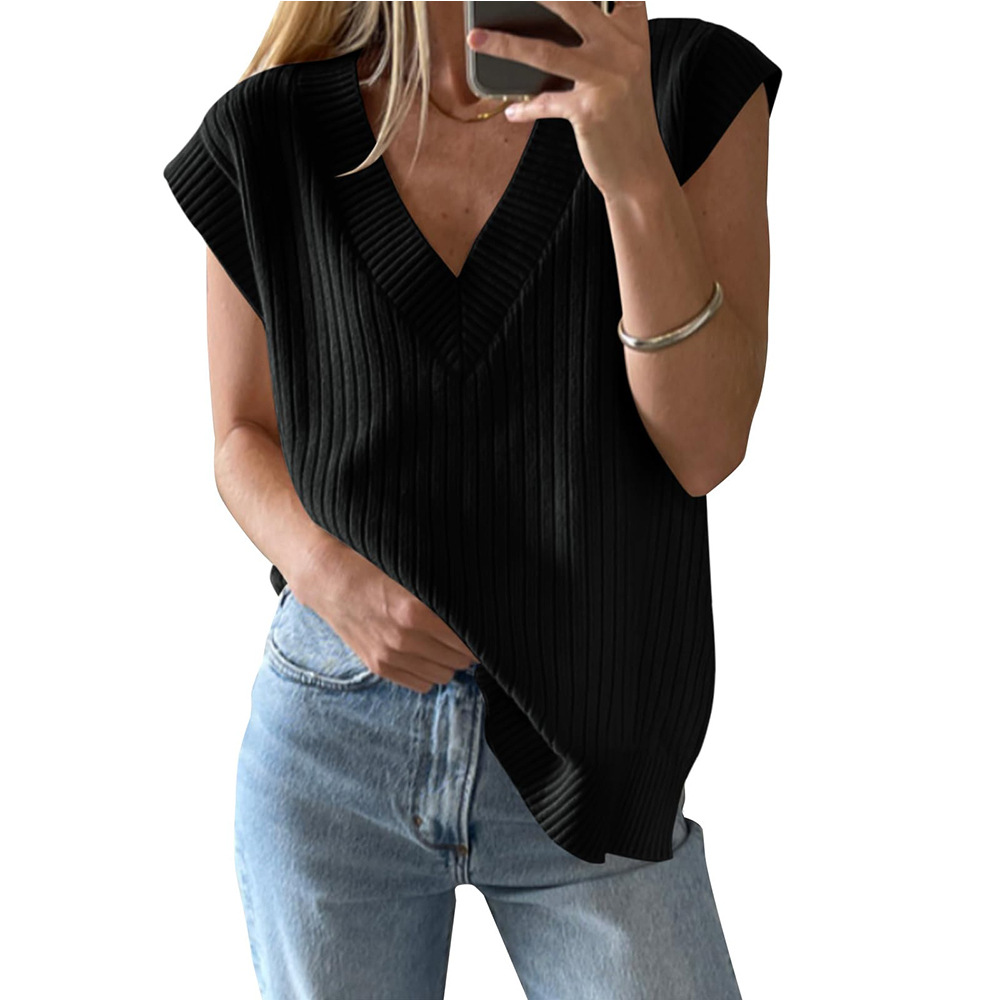 Women's Summer V Neck Sweater Vest Ribbed Knit Sleeveless Pullover Oversized Split Hem Casual Tank Breathable Loose Fit Layering Top Resort to Street Essential