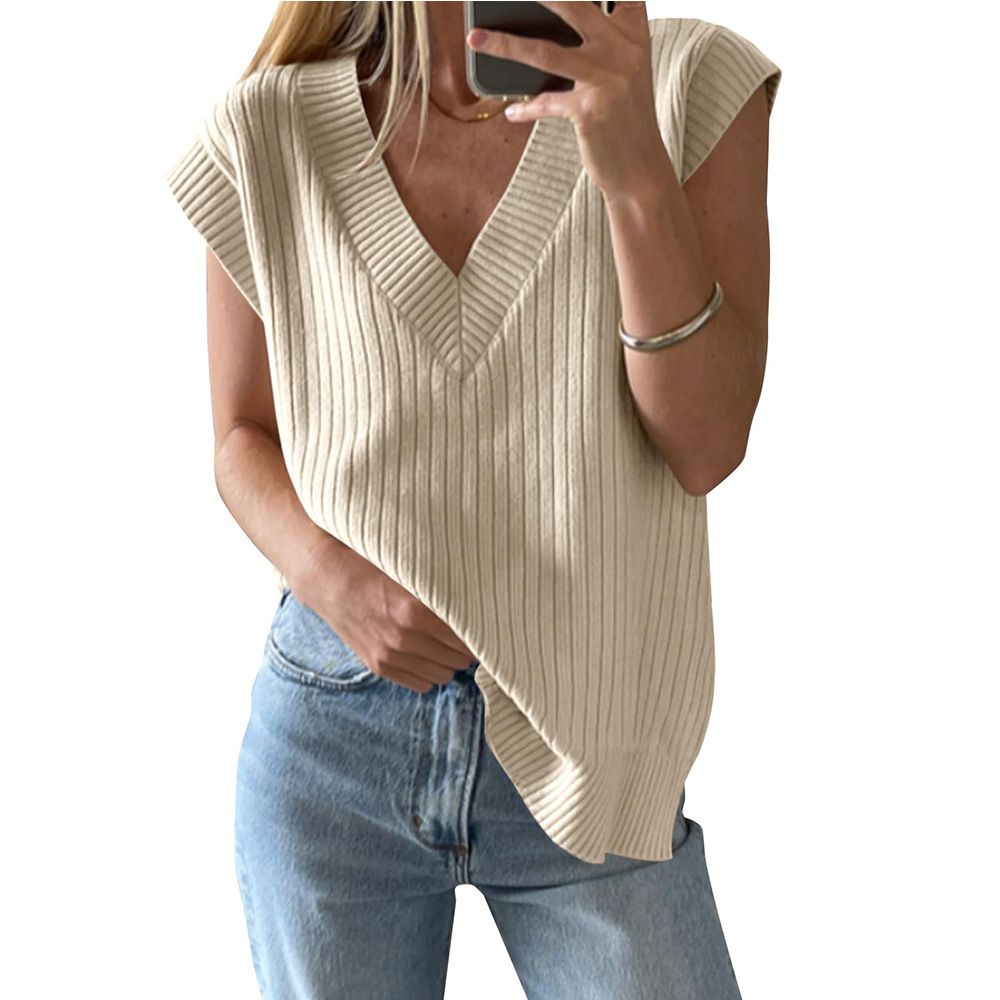 Women's Summer V Neck Sweater Vest Ribbed Knit Sleeveless Pullover Oversized Split Hem Casual Tank Breathable Loose Fit Layering Top Resort to Street Essential