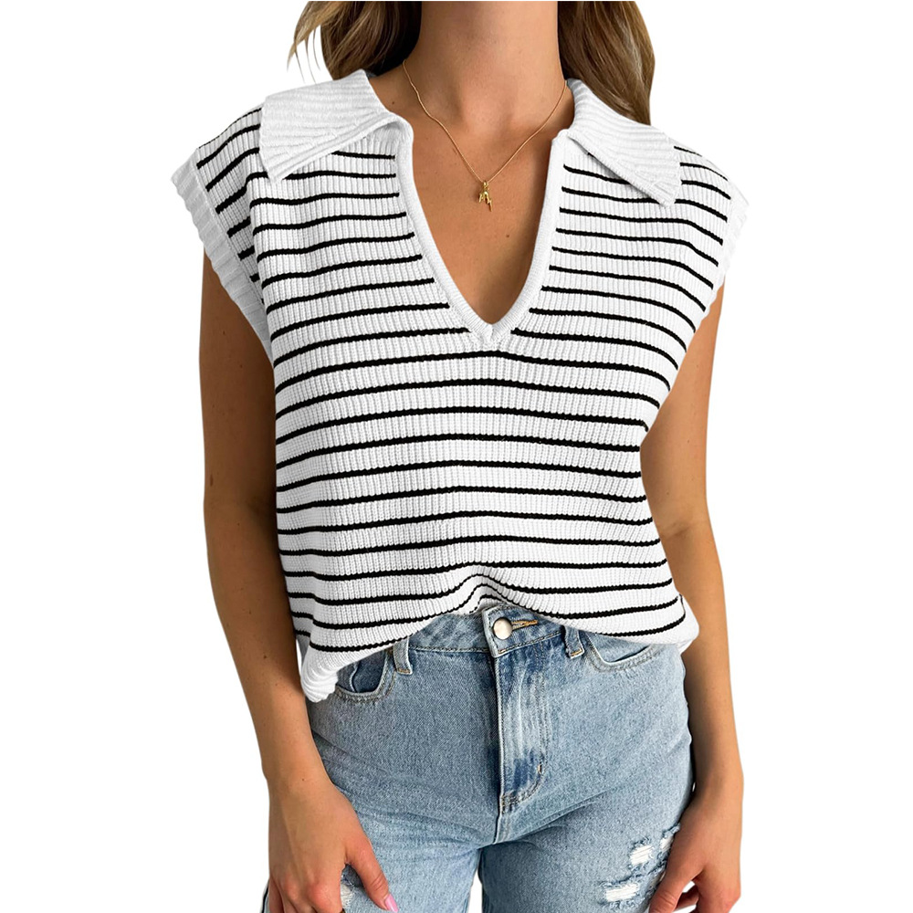Women's Summer V Neck Striped Knit Tank Tops Polo Collar Loose Fit Casual Sleeveless Sweater Vest Shirts Trendy 2025 Y2K Cute Cap Sleeve Outfits for Daily Outings, Office Wear & Weekend Brunch 