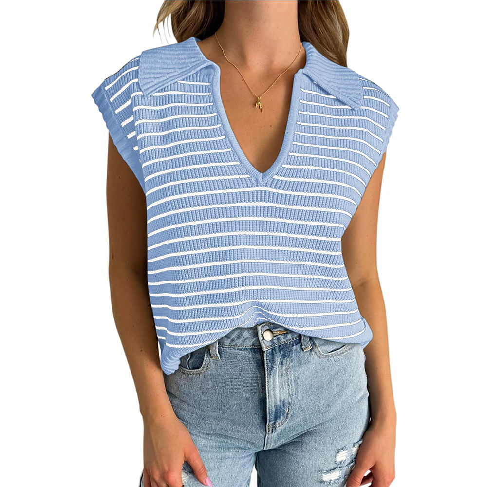 Women's Summer V Neck Striped Knit Tank Tops Polo Collar Loose Fit Casual Sleeveless Sweater Vest Shirts Trendy 2025 Y2K Cute Cap Sleeve Outfits for Daily Outings, Office Wear & Weekend Brunch 