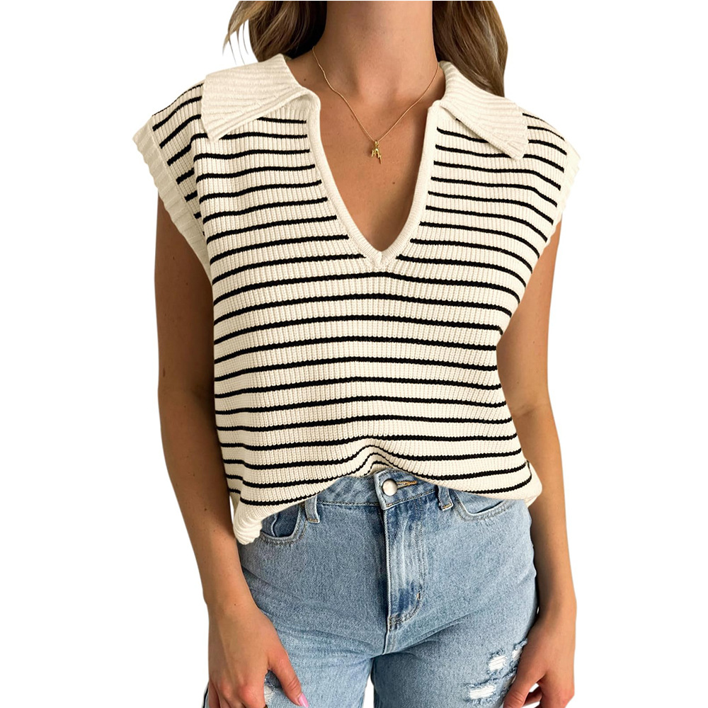 Women's Summer V Neck Striped Knit Tank Tops Polo Collar Loose Fit Casual Sleeveless Sweater Vest Shirts Trendy 2025 Y2K Cute Cap Sleeve Outfits for Daily Outings, Office Wear & Weekend Brunch 