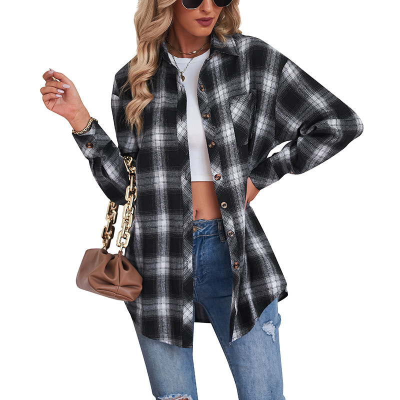 Women's Fall Winter Plaid Plaid Shirts Casual Oversized Button Down Roll Up Long Sleeve Checkered Blouse Tops Drop Shoulder Streetwear Layering Essential
