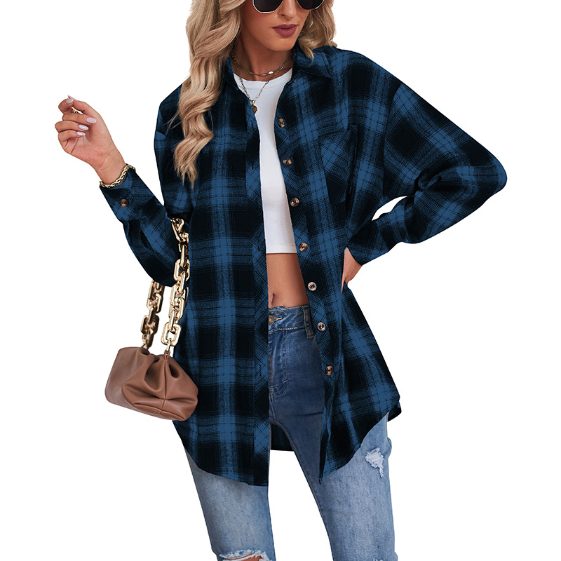 Women's Fall Winter Plaid Plaid Shirts Casual Oversized Button Down Roll Up Long Sleeve Checkered Blouse Tops Drop Shoulder Streetwear Layering Essential