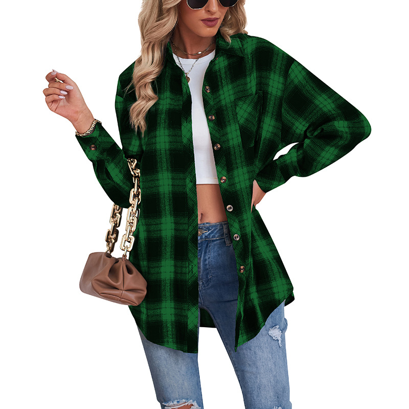 Women's Fall Winter Plaid Plaid Shirts Casual Oversized Button Down Roll Up Long Sleeve Checkered Blouse Tops Drop Shoulder Streetwear Layering Essential