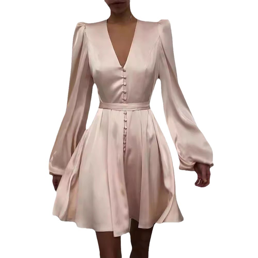 Women's Slim-Fit Solid Color Lantern Sleeve Mini Dress Elegant Princess-Style Bodycon Party Dress