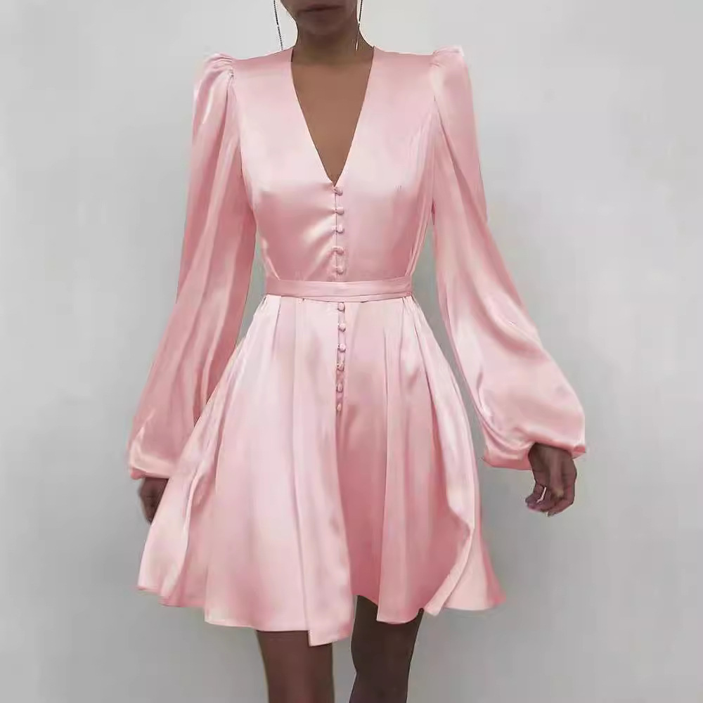 Women's Slim-Fit Solid Color Lantern Sleeve Mini Dress Elegant Princess-Style Bodycon Party Dress