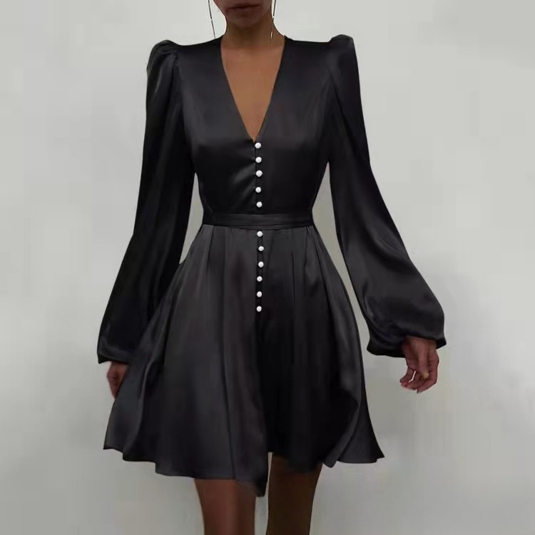 Women's Slim-Fit Solid Color Lantern Sleeve Mini Dress Elegant Princess-Style Bodycon Party Dress