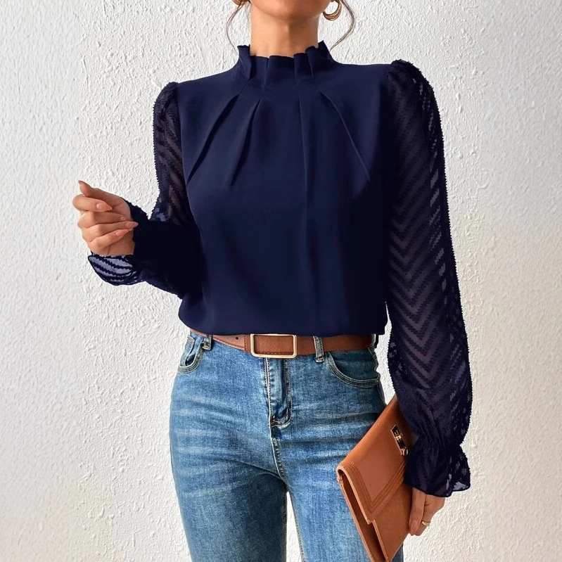 Women's Mock Neck Patchwork Ruffled Chiffon Long-Sleeve Blouse Elegant & Stylish Dressy Top