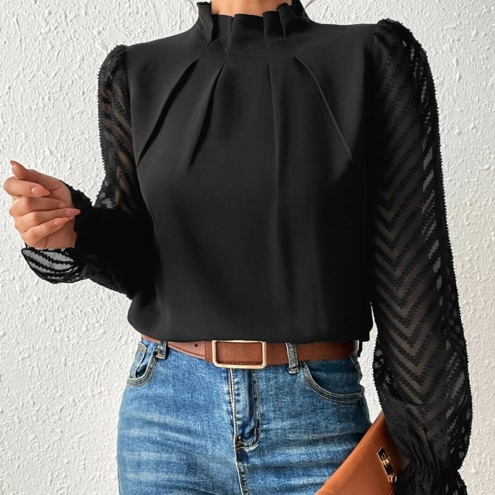 Women's Mock Neck Patchwork Ruffled Chiffon Long-Sleeve Blouse Elegant & Stylish Dressy Top