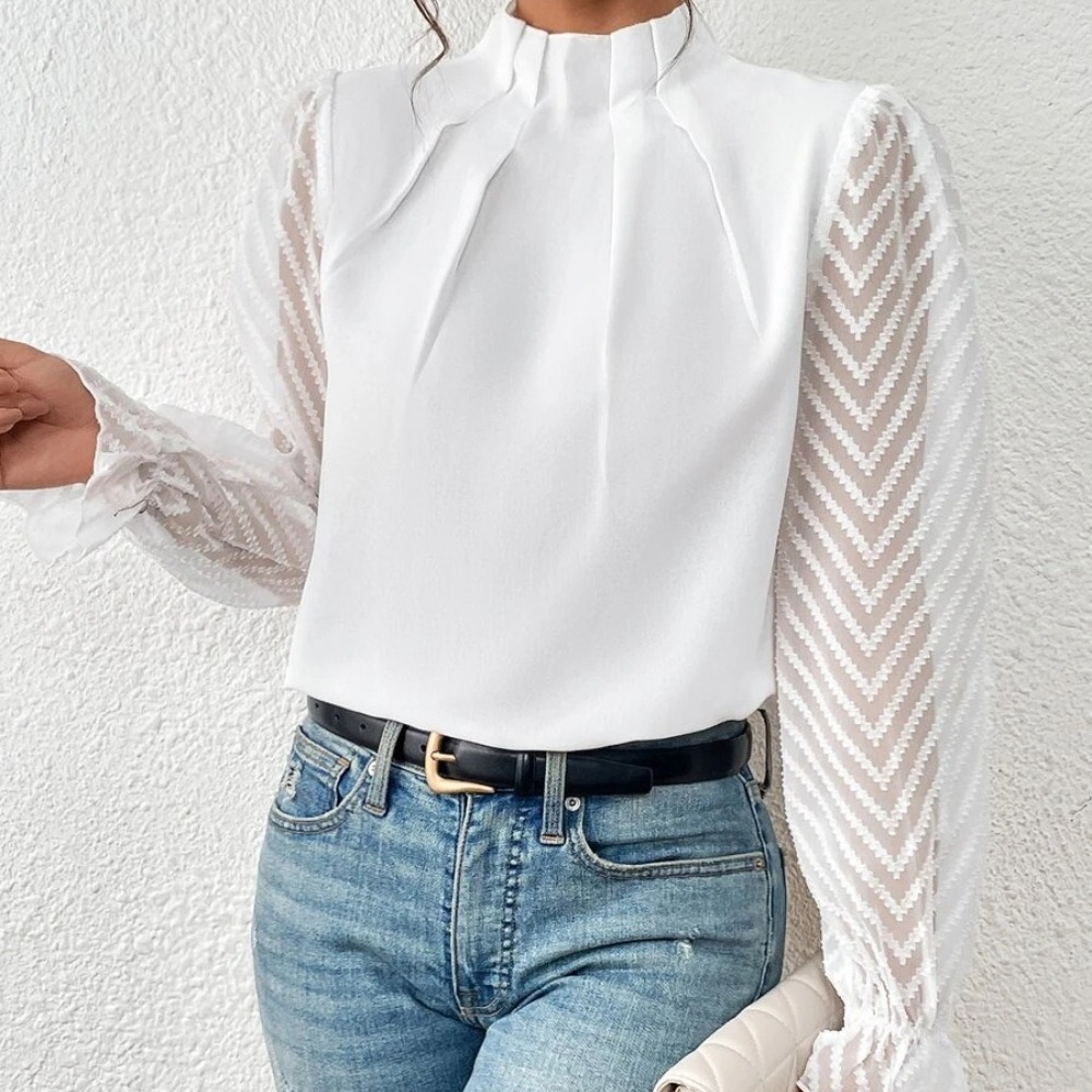 Women's Mock Neck Patchwork Ruffled Chiffon Long-Sleeve Blouse Elegant & Stylish Dressy Top