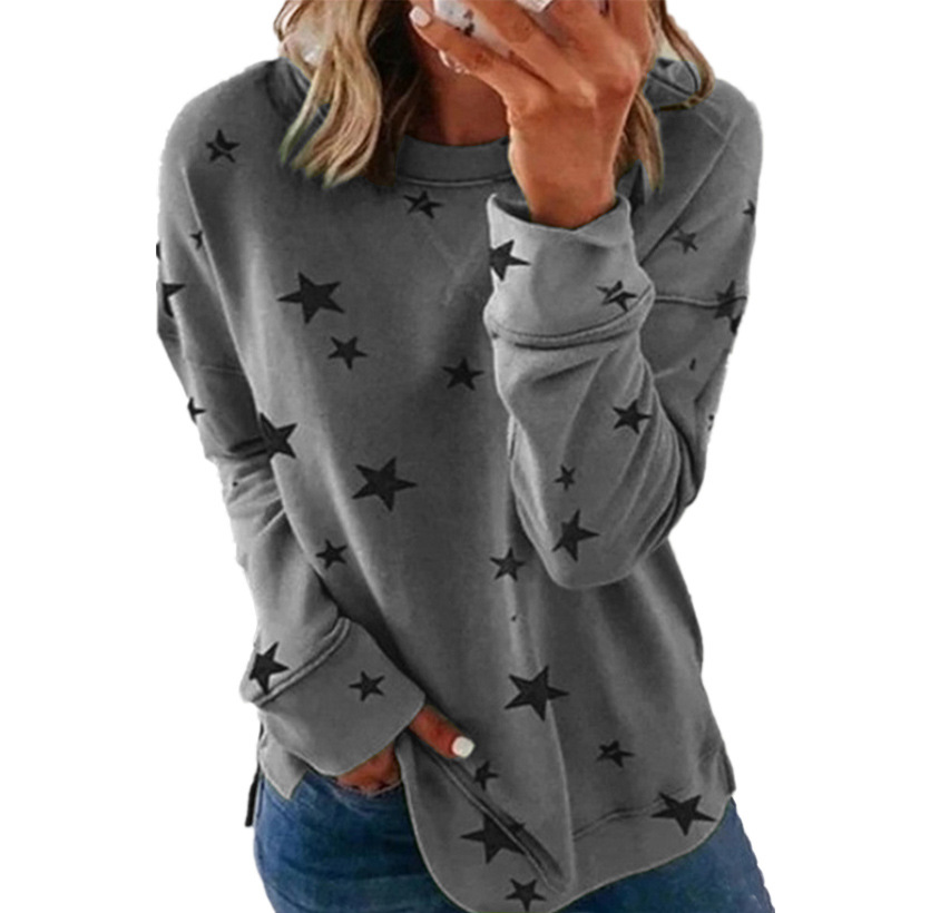 Plus Size Women's Loose-Fit Long-Sleeve T-Shirt Star Print Round Neck Sweatshirt for Casual Comfort