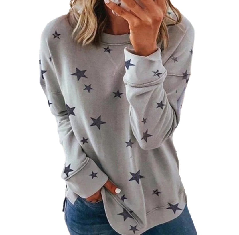 Plus Size Women's Loose-Fit Long-Sleeve T-Shirt Star Print Round Neck Sweatshirt for Casual Comfort