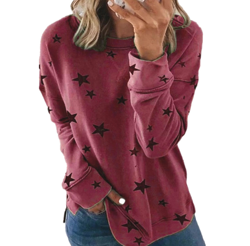 Plus Size Women's Loose-Fit Long-Sleeve T-Shirt Star Print Round Neck Sweatshirt for Casual Comfort