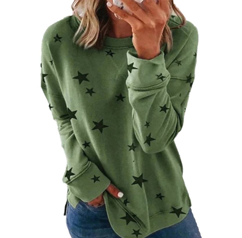 Plus Size Women's Loose-Fit Long-Sleeve T-Shirt Star Print Round Neck Sweatshirt for Casual Comfort