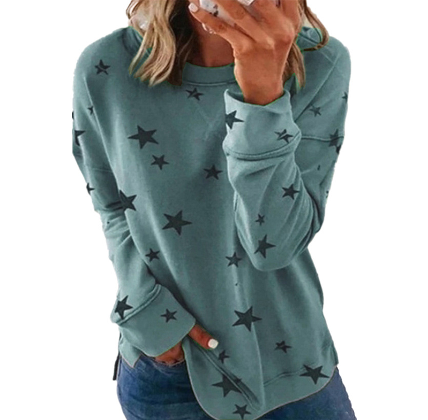 Plus Size Women's Loose-Fit Long-Sleeve T-Shirt Star Print Round Neck Sweatshirt for Casual Comfort