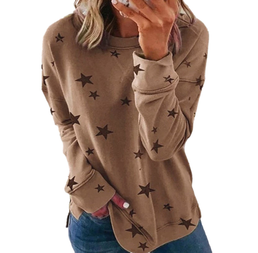 Plus Size Women's Loose-Fit Long-Sleeve T-Shirt Star Print Round Neck Sweatshirt for Casual Comfort