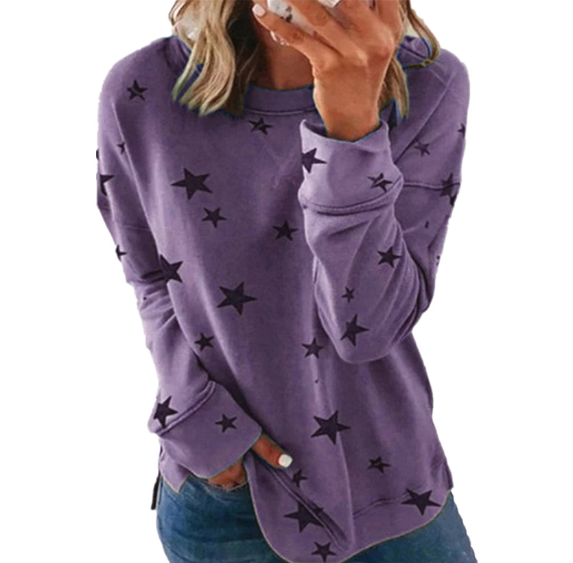 Plus Size Women's Loose-Fit Long-Sleeve T-Shirt Star Print Round Neck Sweatshirt for Casual Comfort