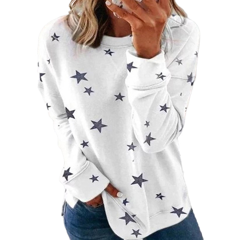 Plus Size Women's Loose-Fit Long-Sleeve T-Shirt Star Print Round Neck Sweatshirt for Casual Comfort