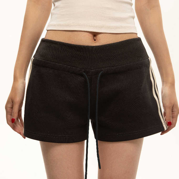条纹运动休闲短裤女卫裤抽绳黑色显瘦热裤女