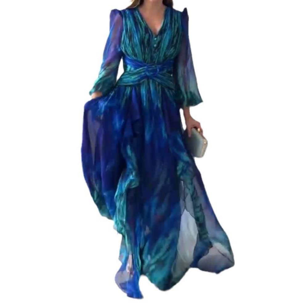 女士长袖v领带网印花连衣裙春夏优雅正式派对及地长裙