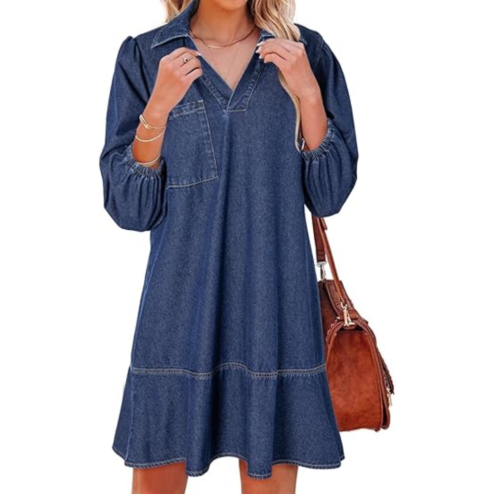 Women's Denim Dress Summer Casual 2025 V-Neck 3/4 Puff Sleeve Jean Dress