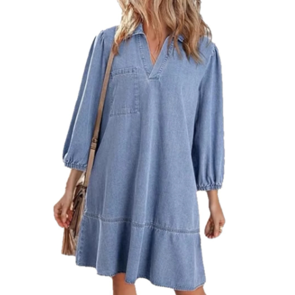 Women's Denim Dress Summer Casual 2025 V-Neck 3/4 Puff Sleeve Jean Dress