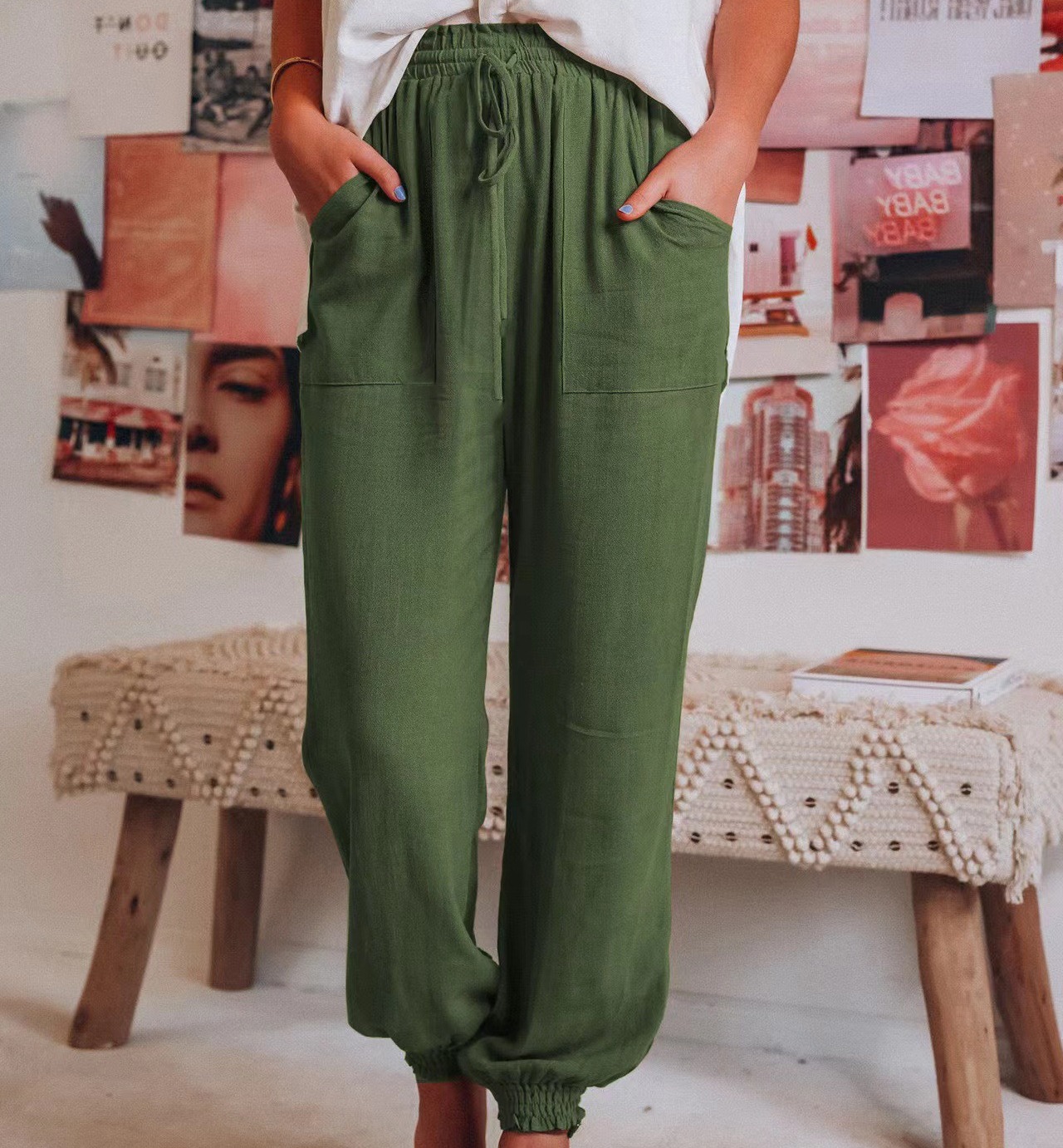 Women's Solid Color Comfortable Casual Drawstring Elastic Waist Harem Pants Stylish Loose-Fit Trousers
