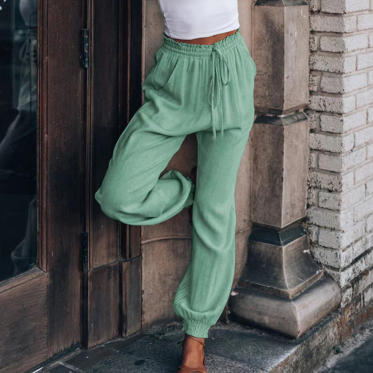 Women's Solid Color Comfortable Casual Drawstring Elastic Waist Harem Pants Stylish Loose-Fit Trousers