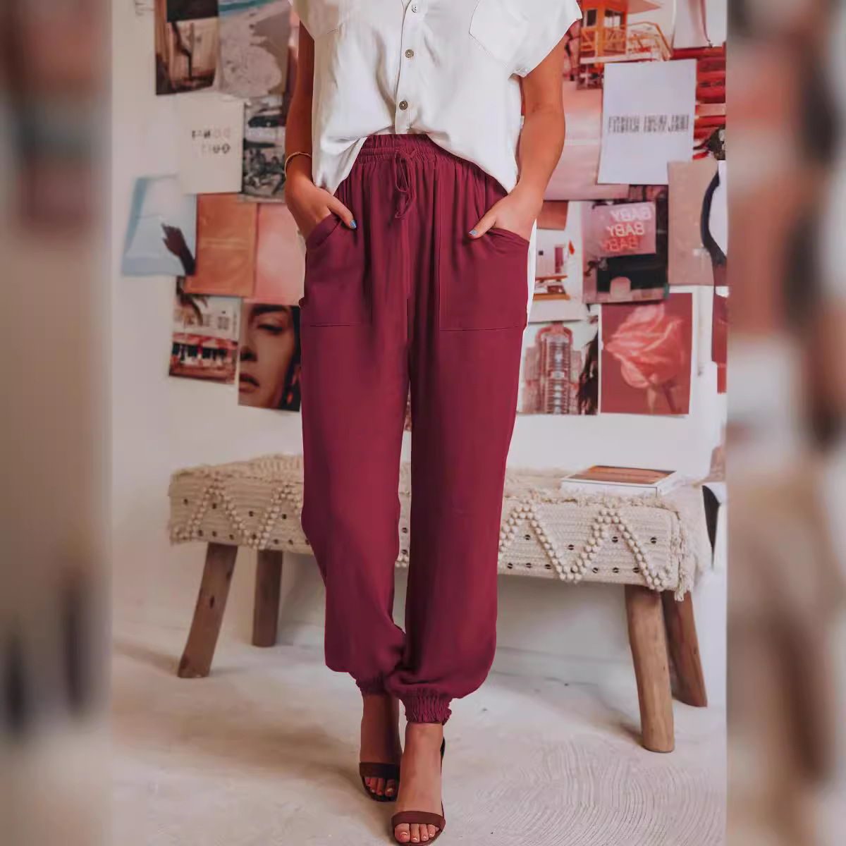 女装纯色舒适休闲长裤时尚抽绳松紧腰哈伦裤