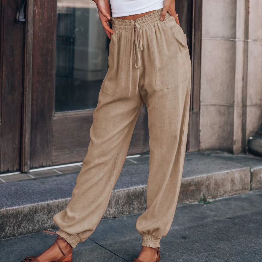 女装纯色舒适休闲长裤时尚抽绳松紧腰哈伦裤