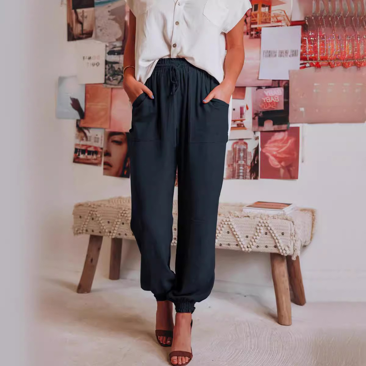 女装纯色舒适休闲长裤时尚抽绳松紧腰哈伦裤