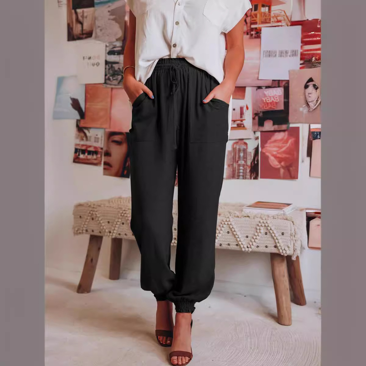 Women's Solid Color Comfortable Casual Drawstring Elastic Waist Harem Pants Stylish Loose-Fit Trousers