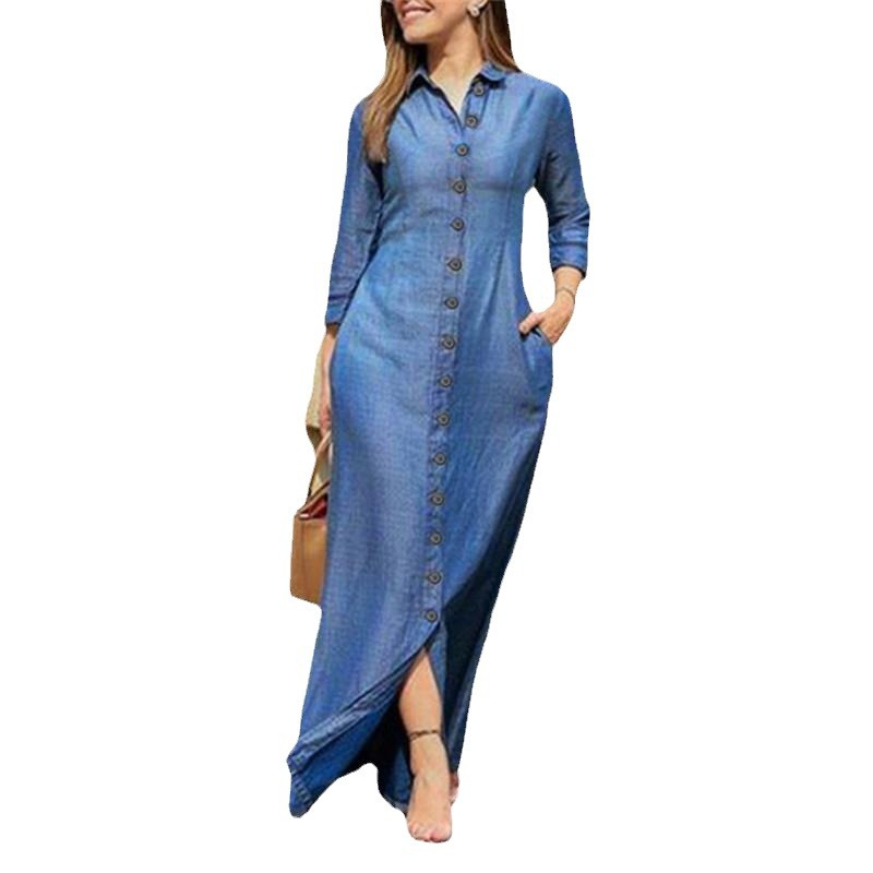 Women's Casual Long Sleeve Button Down Side Split Long Denim Elegant Slim Minimalist Street to Office Jean Dresses Comfort Lapel Collar Shirt Jean Maxi Dress with Pockets