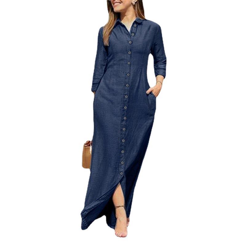 Women's Casual Long Sleeve Button Down Side Split Long Denim Elegant Slim Minimalist Street to Office Jean Dresses Comfort Lapel Collar Shirt Jean Maxi Dress with Pockets