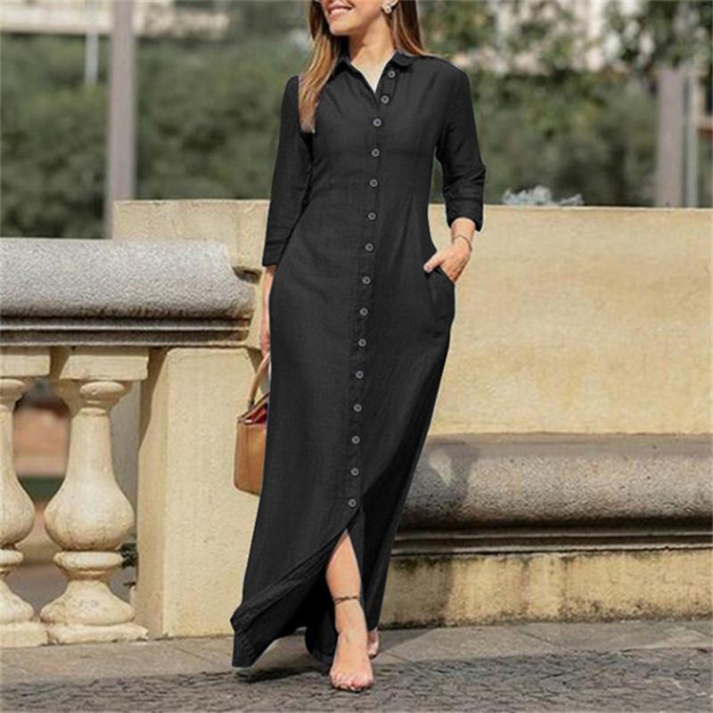 Women's Casual Long Sleeve Button Down Side Split Long Denim Elegant Slim Minimalist Street to Office Jean Dresses Comfort Lapel Collar Shirt Jean Maxi Dress with Pockets
