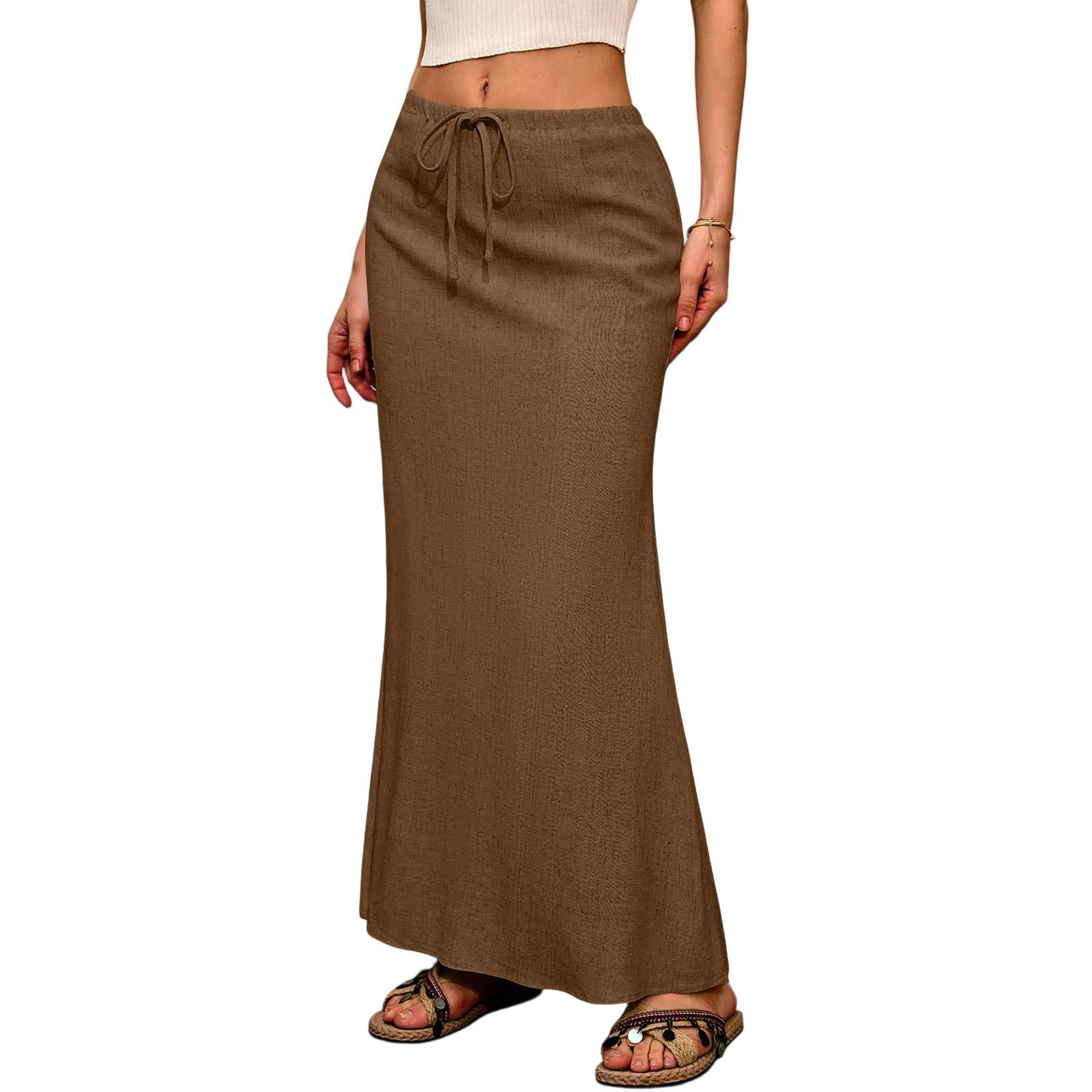 Women's Solid Color Drawstring Elastic Waist Midi Skirt Comfortable & Stylish Flowy Half Skirt