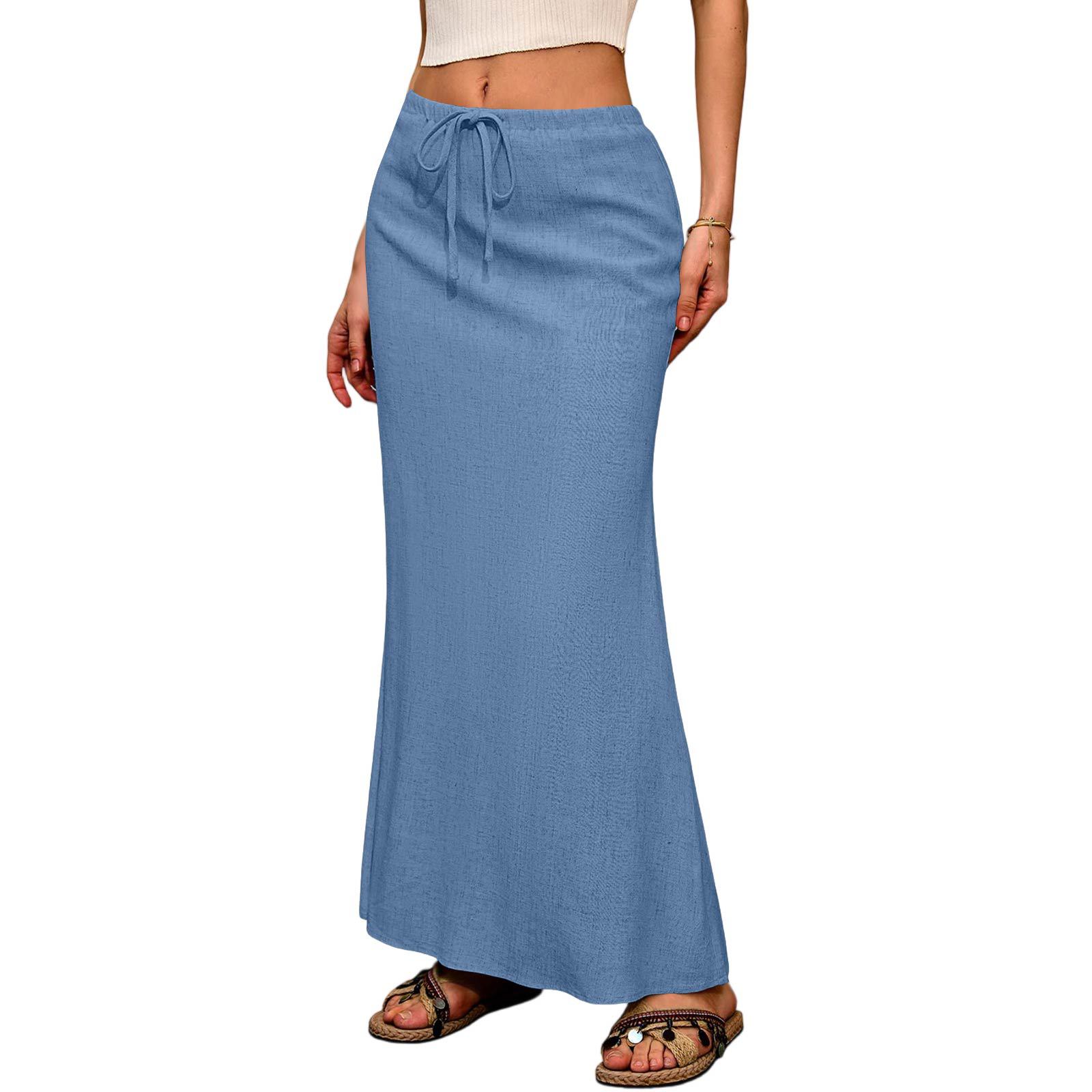 Women's Solid Color Drawstring Elastic Waist Midi Skirt Comfortable & Stylish Flowy Half Skirt