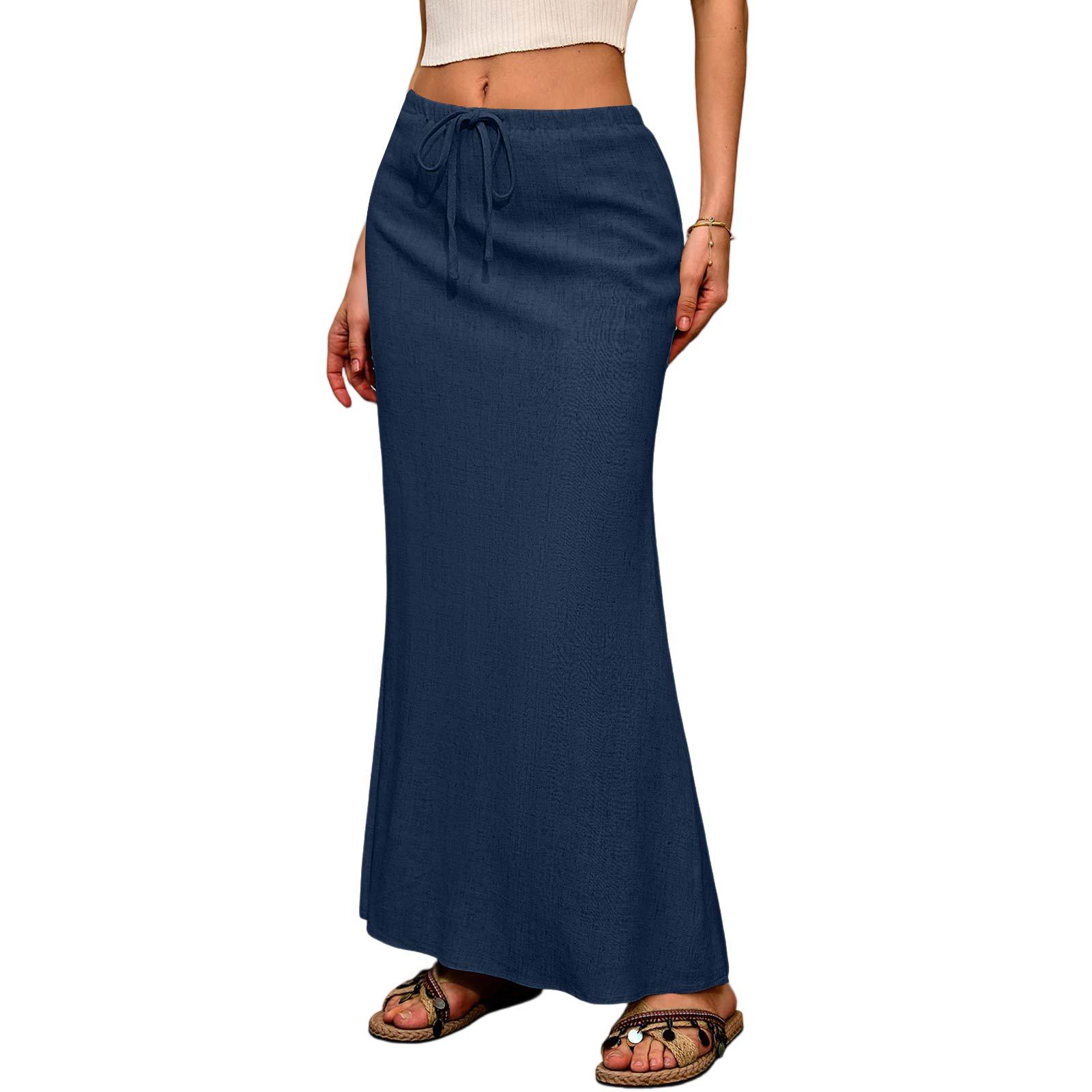 女士纯色抽绳松紧腰半身裙