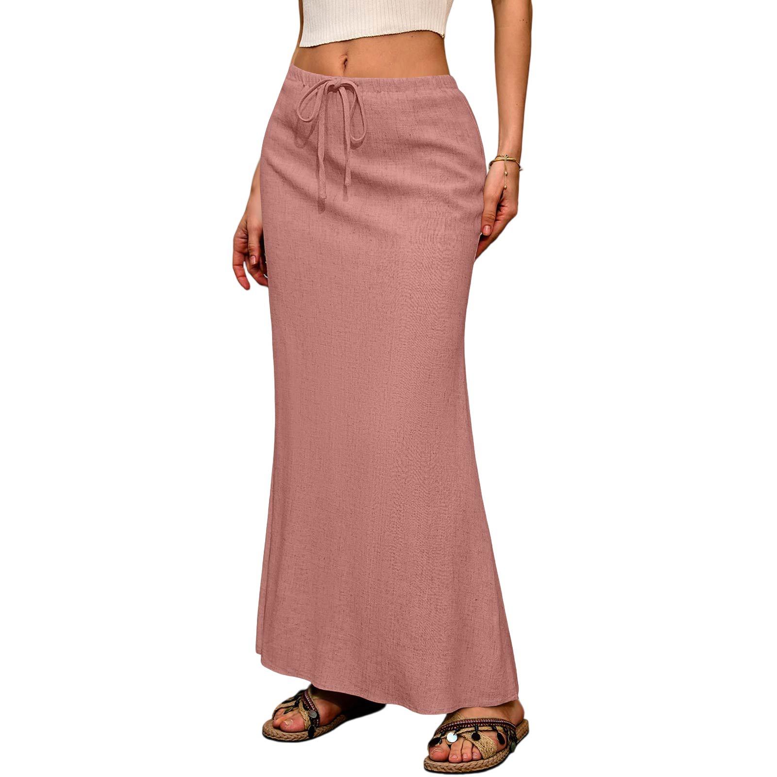 Women's Solid Color Drawstring Elastic Waist Midi Skirt Comfortable & Stylish Flowy Half Skirt
