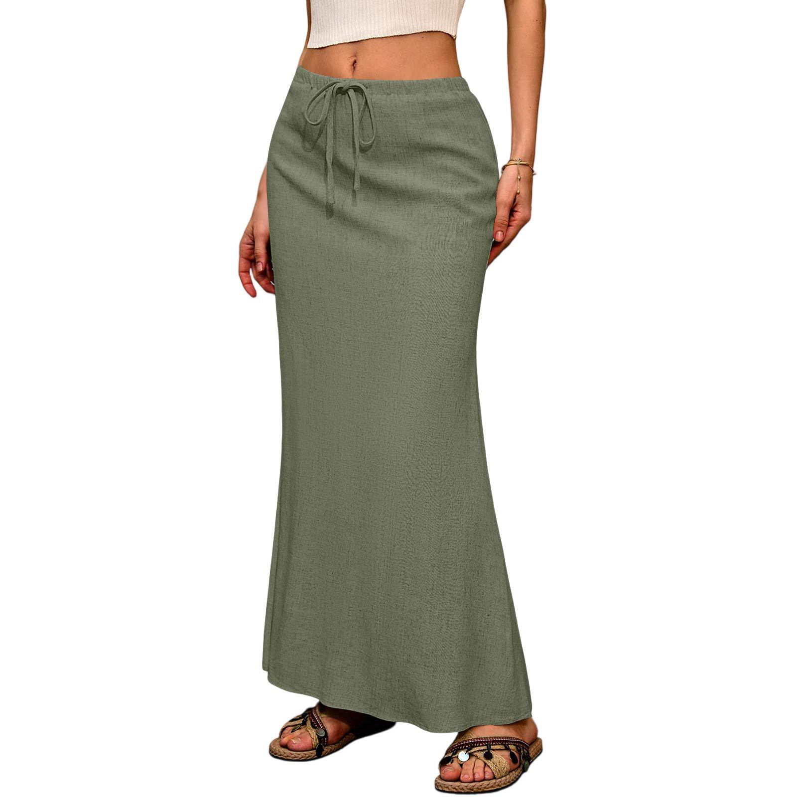 Women's Solid Color Drawstring Elastic Waist Midi Skirt Comfortable & Stylish Flowy Half Skirt