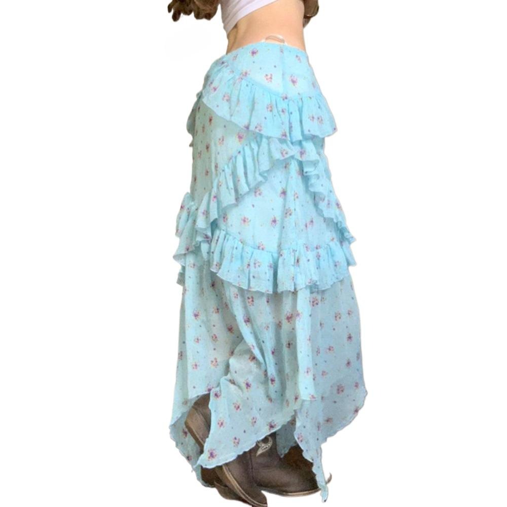 Women's Floral Flowy Skirt Mesh Layered Ruffle Boho Summer Cute Midi Skirts