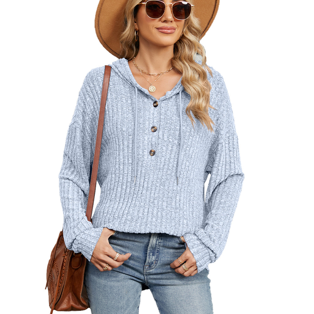 New Arrival Women's Solid Color Hooded Button-Down Loose-Fit Long-Sleeve Sweatshir