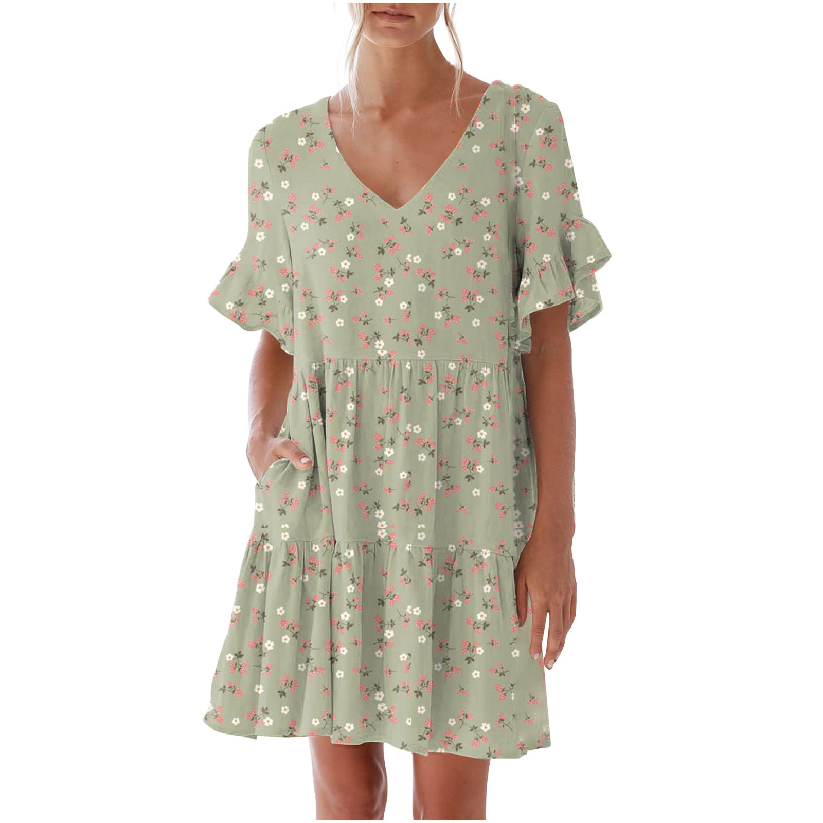 Women's 2025 Summer V-Neck Ruffle Short Sleeve Dress Sweet Cute Floral Print Loose Fit Lightweight Beach Sundress A Line Tiered Flowy Casual Trendy Mini Dress with Pockets