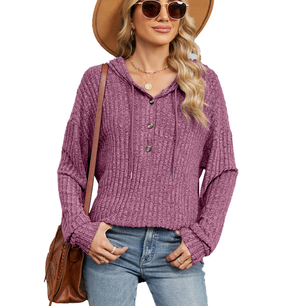 新款纯色连帽纽扣宽松长袖卫衣女装