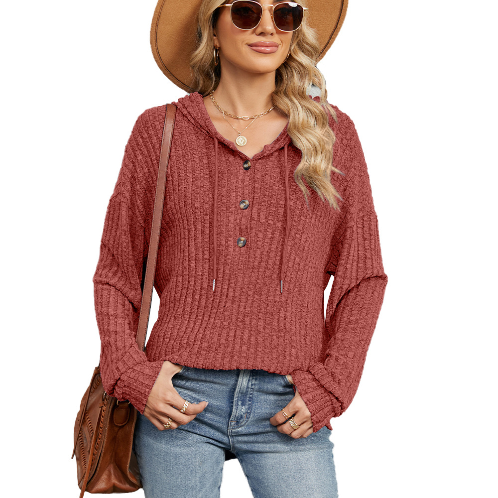 New Arrival Women's Solid Color Hooded Button-Down Loose-Fit Long-Sleeve Sweatshir