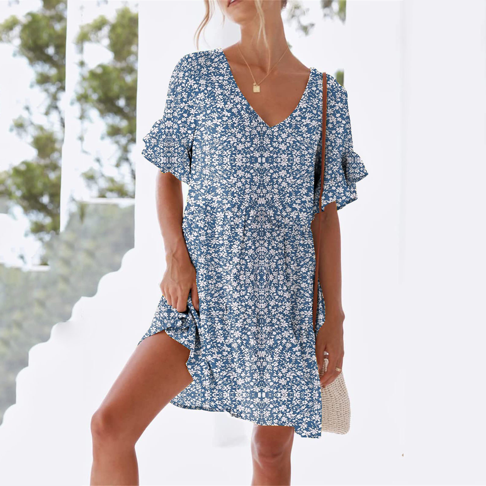 Women's 2025 Summer V-Neck Ruffle Short Sleeve Dress Sweet Cute Floral Print Loose Fit Lightweight Beach Sundress A Line Tiered Flowy Casual Trendy Mini Dress with Pockets